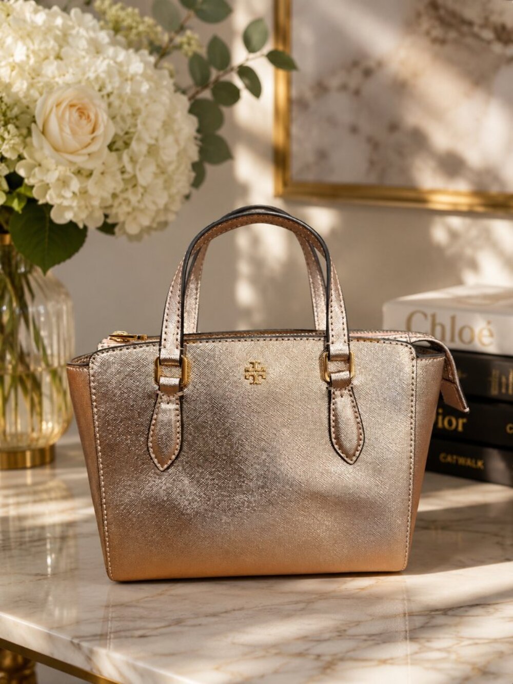 NWT Tory Burch Emerson Mini Top Zip Tote Metallic Rose Gold